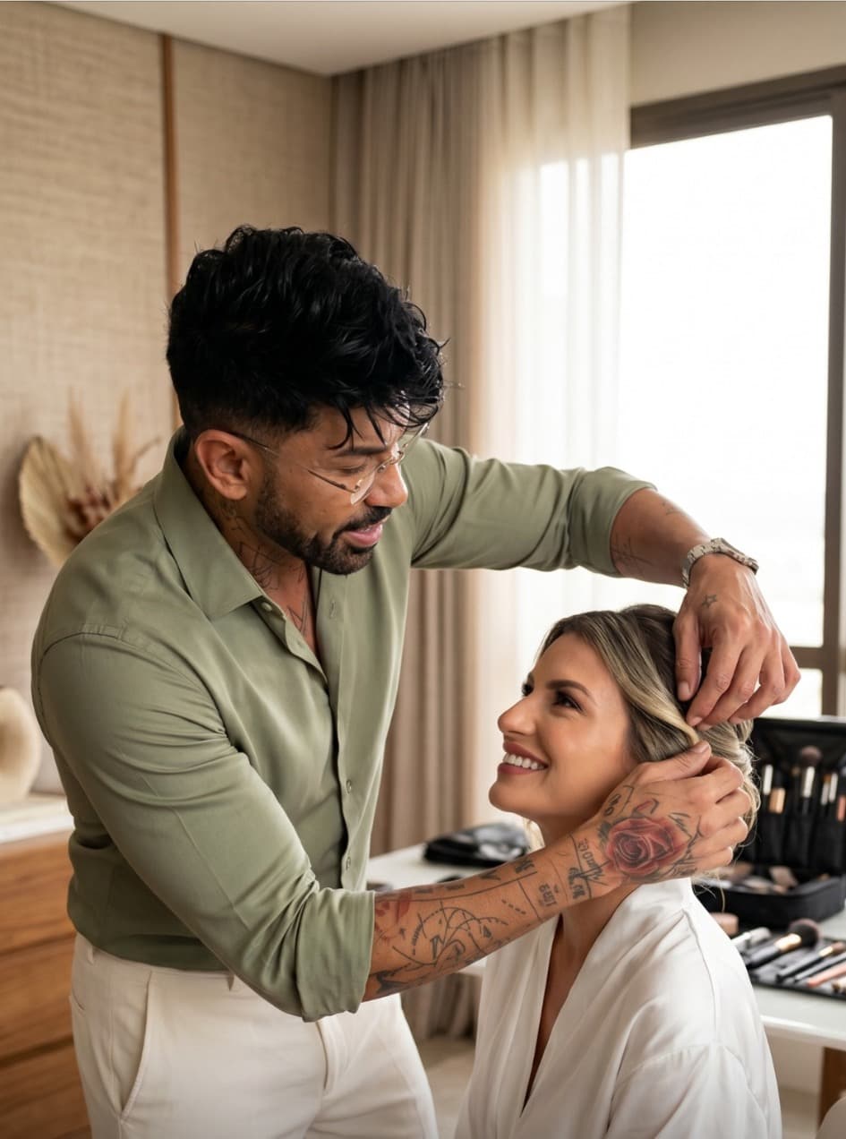 Ajuste final de cabelo de noiva em ambiente interno