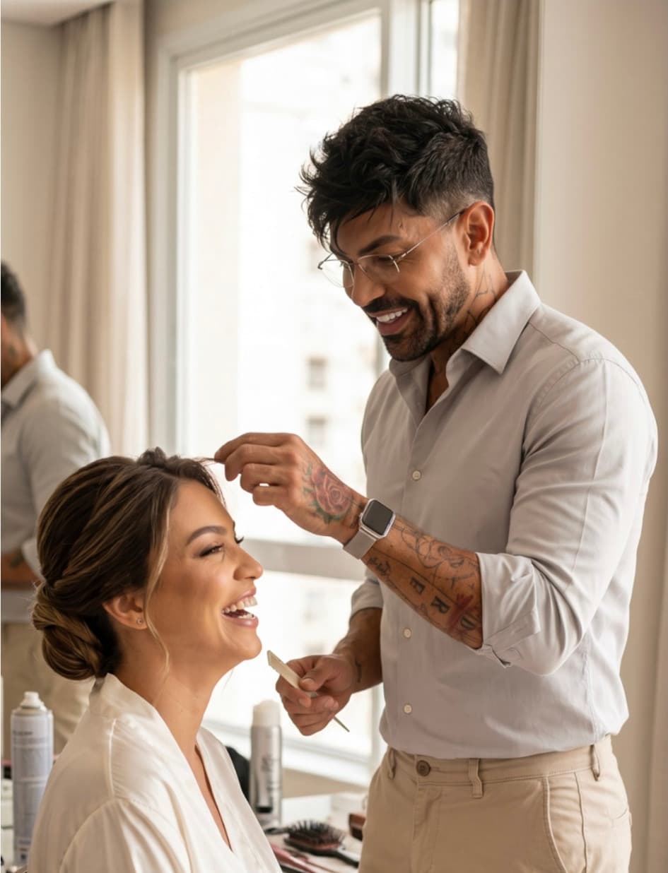 Noiva sorrindo durante bastidor de preparação